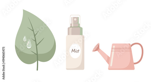 Gardening and plant care essentials are neatly arranged, featuring a leaf, mist spray bottle, and watering can in a charming flat illustration.