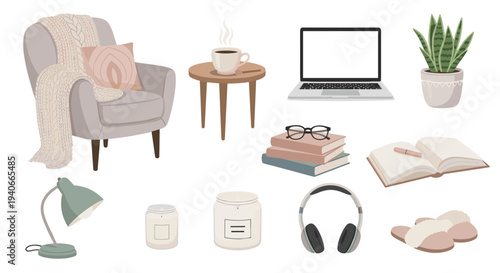 Cozy home comfort items collection for a relaxing and productive lifestyle, ideal for a comfortable and inspiring work-from-home environment.