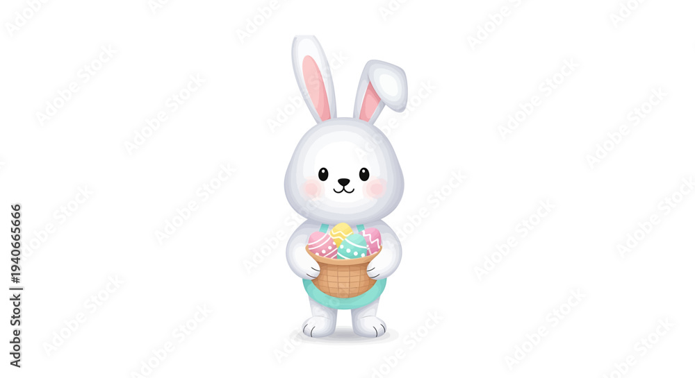 Obraz premium Animated Easter Bunny Holding Colorful Egg Basket with Multicolored Eggs, Vibrant Illustration for Spring Celebration