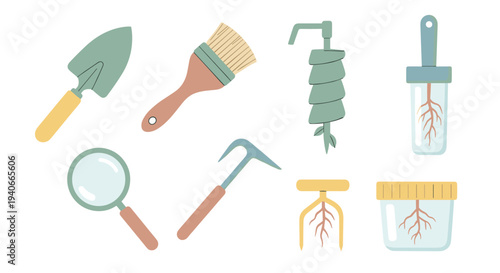 Gardening tools and plant propagation equipment for botanical research and horticulture projects, presented in a clean, modern flat design illustration.