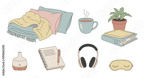 Cozy comfort items for a relaxing home environment, including soft blankets, pillows, a warm drink, books, and a sleep mask, perfect for unwinding.