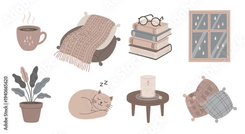 Cozy autumn elements collection featuring a steaming mug, books, a sleeping cat, and a warm blanket for a relaxing home atmosphere.