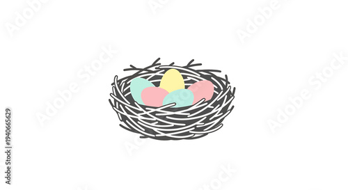 Easter Nest Featuring Twigs and Colorful Circular Eggs – Yellow, Pink, Blue-Green – Soft Illustration