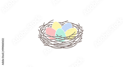 Charming Easter Bird Nest with Four Pastel-Colored Eggs in Springtime Illustration Centered Composition