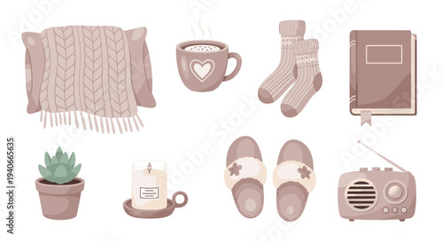 Cozy hygge lifestyle objects collection featuring warm drinks, soft textiles, and relaxing home essentials in a charming flat illustration style.