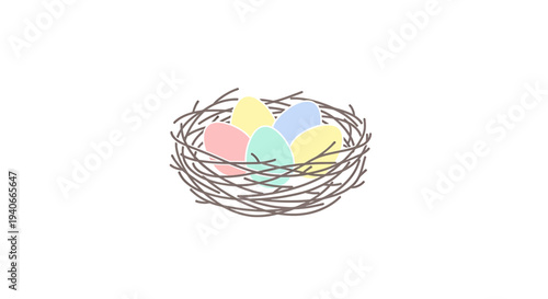 Charming bird's nest with four pastel eggs conveying springtime Easter serenity in soft textured twigs on minimalist backdrop