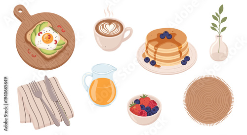 Delicious breakfast food items including pancakes, coffee, and avocado toast are beautifully arranged for a delightful morning meal.