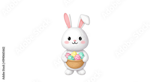 Center-Position Cartoon Easter Bunny with Perked Pink Ears Holding Colorful Decorated Eggs in Wicker Basket – Festive Spring Illustration of a Smiling Rabbit
