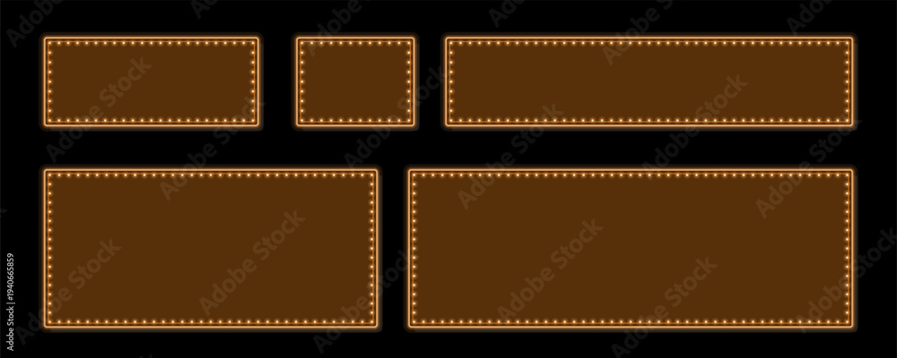 Obraz premium Various sizes of orange marquee frames with brilliant glowing bulbs stand out on black