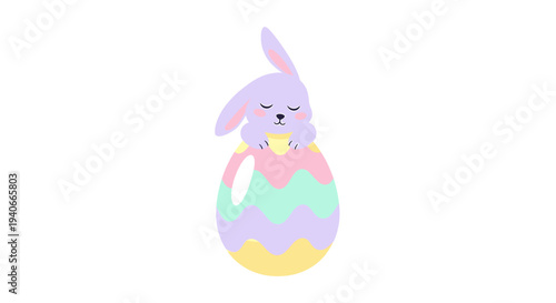 Serene Purple Bunny Meditating Inside Colorful Easter Egg with Zigzag Patterns - Whimsical Cartoon Illustration of Pastel-Themed Holiday Icon