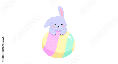 Easter Bunny with Pink Cheeks Resting on Yellow Beach Ball in Soft Pastel Illustration Conveys Serene Mood