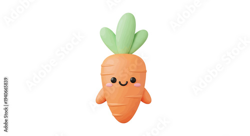 Easter Celebration Cartoon Carrot with Smiling Face, Rosy Cheeks, Green Leaves, and Orange Stripes on Clean Background