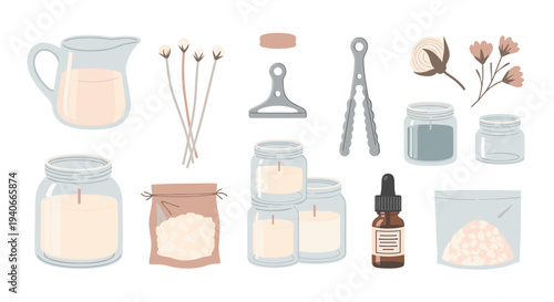 Candle making supplies and tools for crafting homemade aromatic candles, including wax, wicks, jars, and essential oils, are neatly displayed.