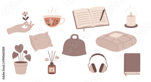 Collection of cozy home comfort items for relaxation, including tea, books, candles, and soft textiles, perfect for a peaceful and mindful self-care routine.