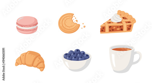 Delicious breakfast and dessert items including a macaron, bitten cookie, pie, croissant, blueberries, and a hot beverage mug, presented in a charming flat illustration style.