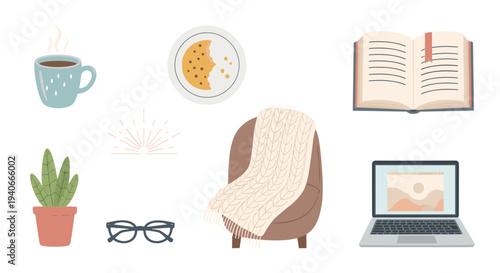 Cozy comfort items for a relaxing home environment, featuring a steaming mug, open book, and laptop for a productive yet peaceful day.