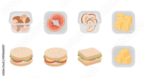 Various healthy food items and prepared snacks, such as nuts, fruit, cheese, and sandwiches, arranged for meal planning and balanced eating.