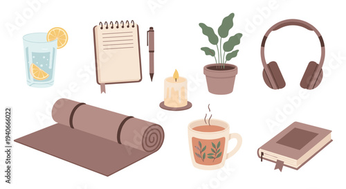 Various self-care and wellness items are neatly arranged, including a yoga mat, plant, book, and refreshing drink, promoting a balanced and mindful lifestyle.