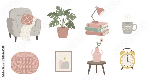 Cozy home interior elements illustration set with various comfortable items for a relaxing living space, perfect for modern design projects.
