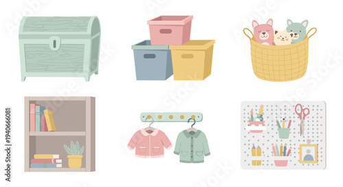 Children's room furniture, storage, and decor items are beautifully illustrated in a charming pastel color palette, perfect for nursery organization and playful interior design.