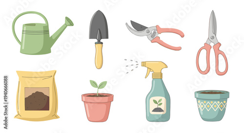 Gardening tools and supplies collection featuring various items for planting, pruning, and nurturing plants in a charming cartoon style.