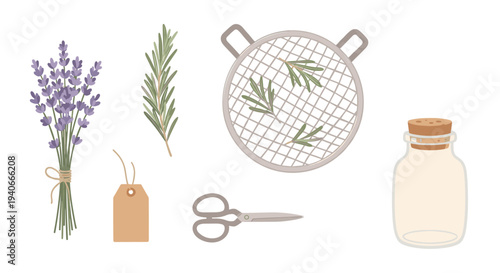 Collection of lavender and rosemary herbs, a drying rack, an empty bottle, scissors, and a blank tag, representing natural crafting and herbal preparation.