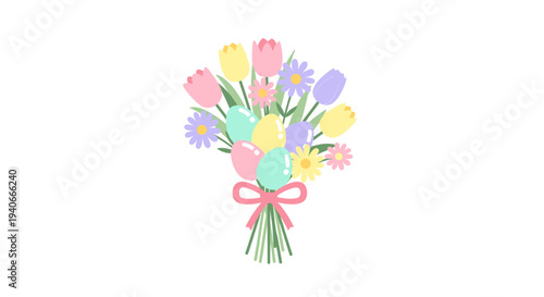 Easter bouquet illustration of flowers tied with pink ribbon