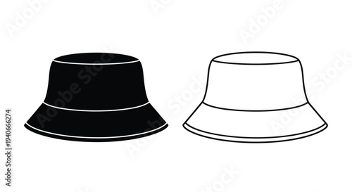 Two bucket hats one black and one white displayed in a graphic style