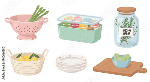 Various kitchen items and fresh food ingredients are neatly arranged, showcasing a delightful collection of culinary essentials and sweet treats.