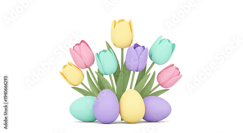 Vibrant tulips and easter eggs arrangement in colorful style