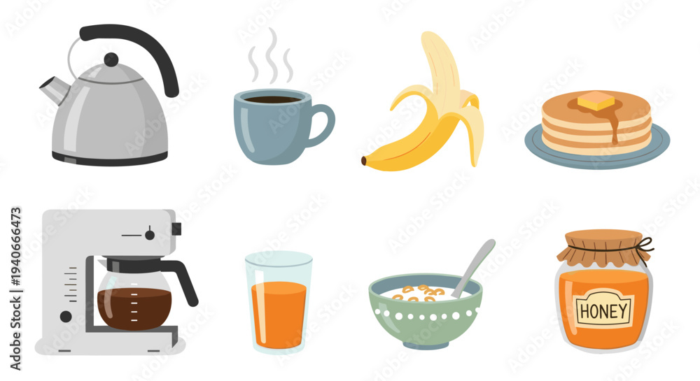 Fototapeta premium Breakfast items collection of delicious morning food and drinks, including coffee, pancakes, cereal, and fruit, perfect for a healthy start to the day.