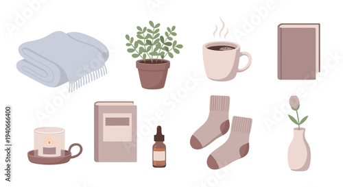 Cozy comfort items for a relaxing home atmosphere are beautifully illustrated in this charming collection of essentials for a peaceful day.