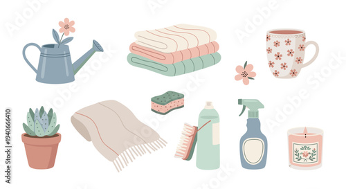 Cozy home essentials collection featuring various household items for comfort, cleaning, and plant care in a charming flat vector illustration style.