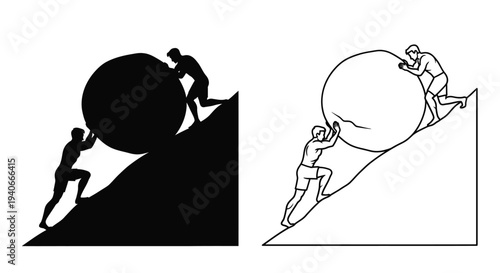 Two depictions of figures struggling to move a large sphere uphill