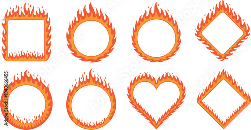 Burning fire frame shapes collection with flaming borders circle square diamond and heart icons