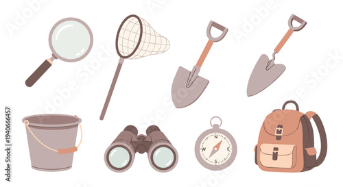 Outdoor exploration adventure tools and equipment set, perfect for nature study, camping, hiking, and discovering the natural world.