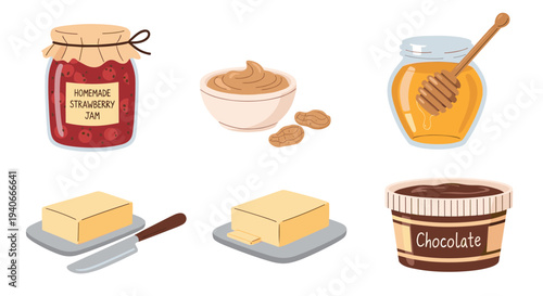 Breakfast spreads and condiments collection featuring jam, peanut butter, honey, butter, and chocolate spread for delicious morning meals.