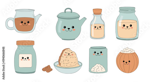 Adorable kawaii kitchen items and ingredients are playfully illustrated with charming faces, featuring teapots, jars, and bottles in a delightful hand-drawn style.