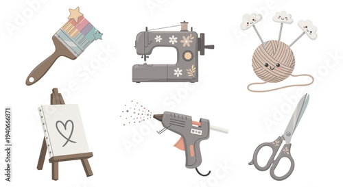 Craft supplies and hobby tools are essential for creative projects, featuring a charming collection of whimsical items like a paintbrush, sewing machine, yarn, easel, glue gun, and scissors.