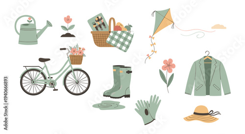 Charming collection of spring and garden elements, featuring a bicycle, watering can, picnic basket, rain boots, and a kite, perfect for outdoor adventures.
