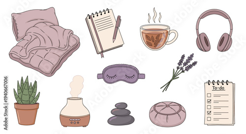 Self-care and relaxation objects for a calming lifestyle, including a cozy blanket, herbal tea, essential oil diffuser, and a mindful to-do list.