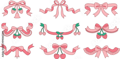 Cute pink ribbon bows with strawberries and cherries decorative banner elements cartoon vector illustration set