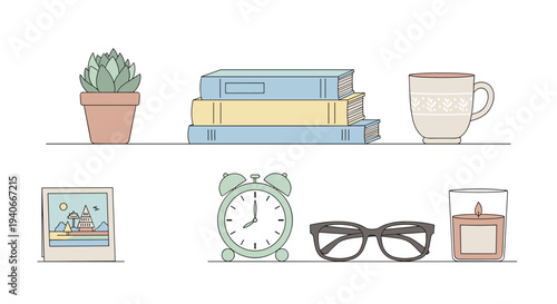 Various home decor items arranged neatly on two shelves, including books, a succulent, a mug, an alarm clock, eyeglasses, a photo, and a candle, in a charming minimalist illustration.