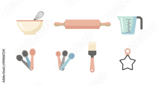Comprehensive collection of baking utensils and essential kitchen tools, perfect for preparing delicious homemade treats, cakes, and pastries.