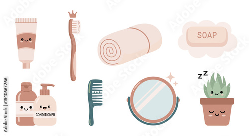 Cute cartoon bathroom and self-care items including toothpaste, toothbrush, soap, and shampoo bottles, arranged in a charming collection for daily hygiene routines.