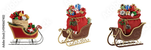 Tablou pe pânză Set of Christmas Santa sleigh collection with gift bags isolated on transparent