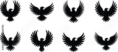 Flying eagle silhouettes with spread wings collection black bird emblem vector icons isolated set