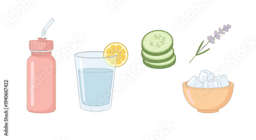 Illustrated elements for healthy drinks, including a water bottle, glass, lemon, cucumber, lavender, and ice cubes, perfect for wellness concepts.