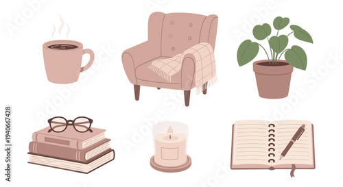Cozy home comfort items collection, including a warm armchair, steaming coffee, books, and a plant, creating a relaxing atmosphere.