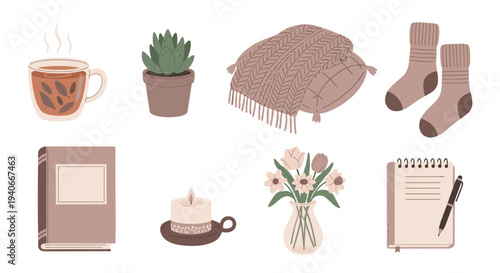 Cozy home essentials collection of various comfortable items, including tea, plants, blankets, and books, perfect for a relaxing and warm atmosphere.